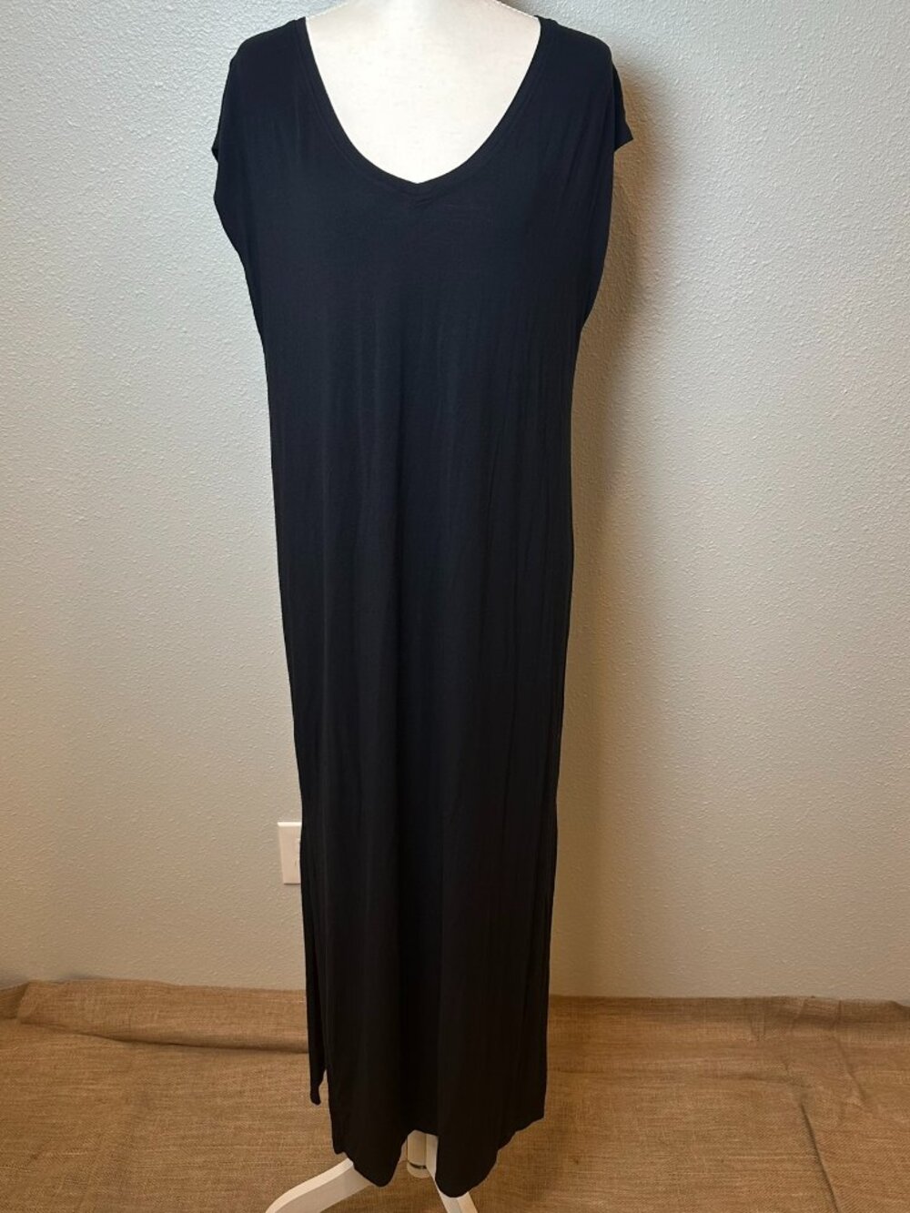 PJ Salvage Black Maxi Dress V-Neck Slit Hem Lounge Gown Large Minimalist Cozy